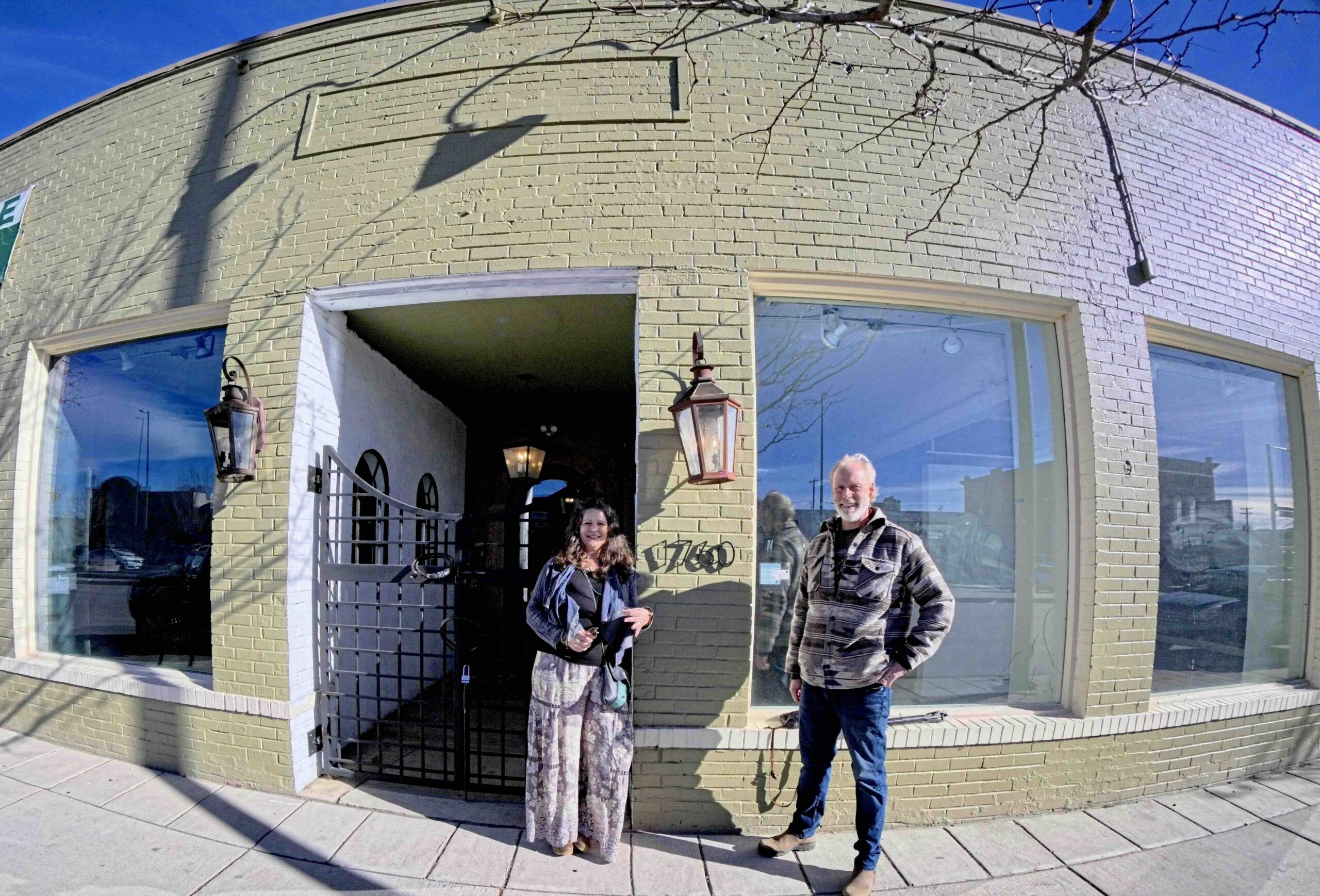 Michael and Katrina at the Karma Yoga Center entrance on 1760 S. Broadway